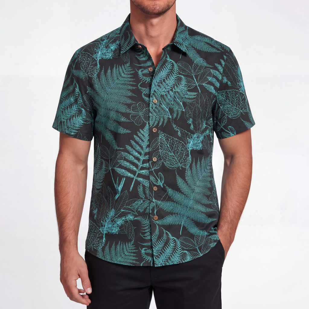LeosWare® Men's Hawaiian Shirt Short Sleeve Button-up 100% Cotton Blue Aloha Hidden Forest Fern