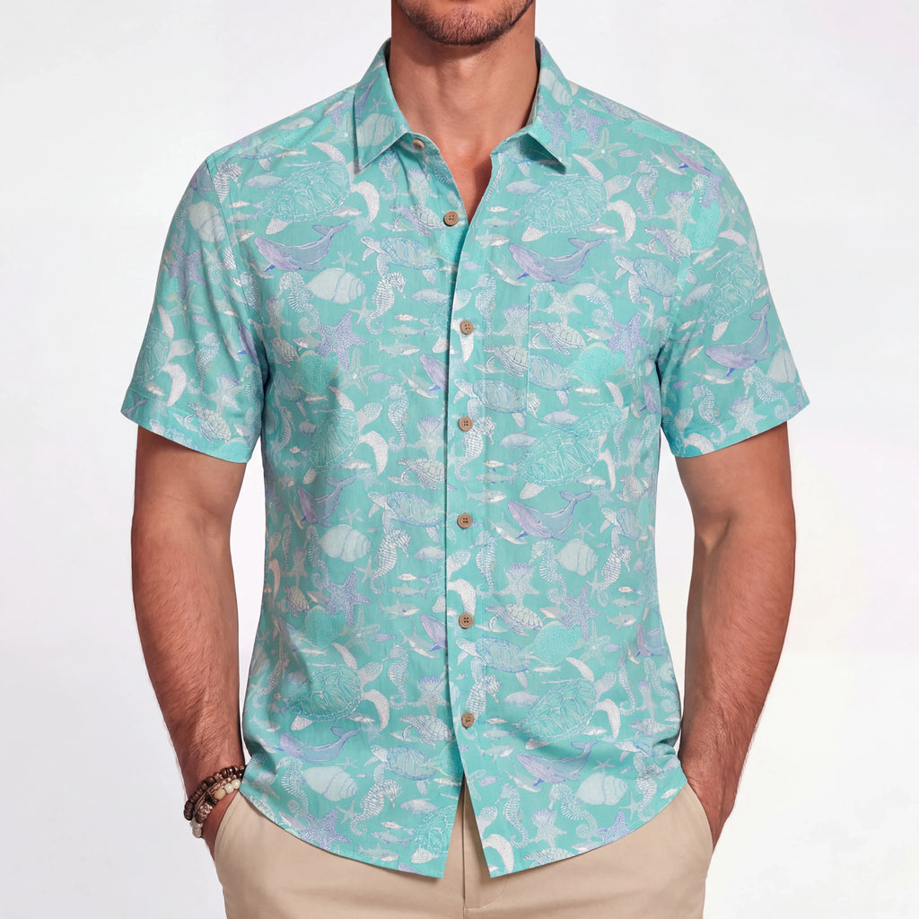 LeosWare® Men's Hawaiian Shirt Short Sleeve Button-up 100% Cotton Blue Aloha Azure Islet Sea Turtle