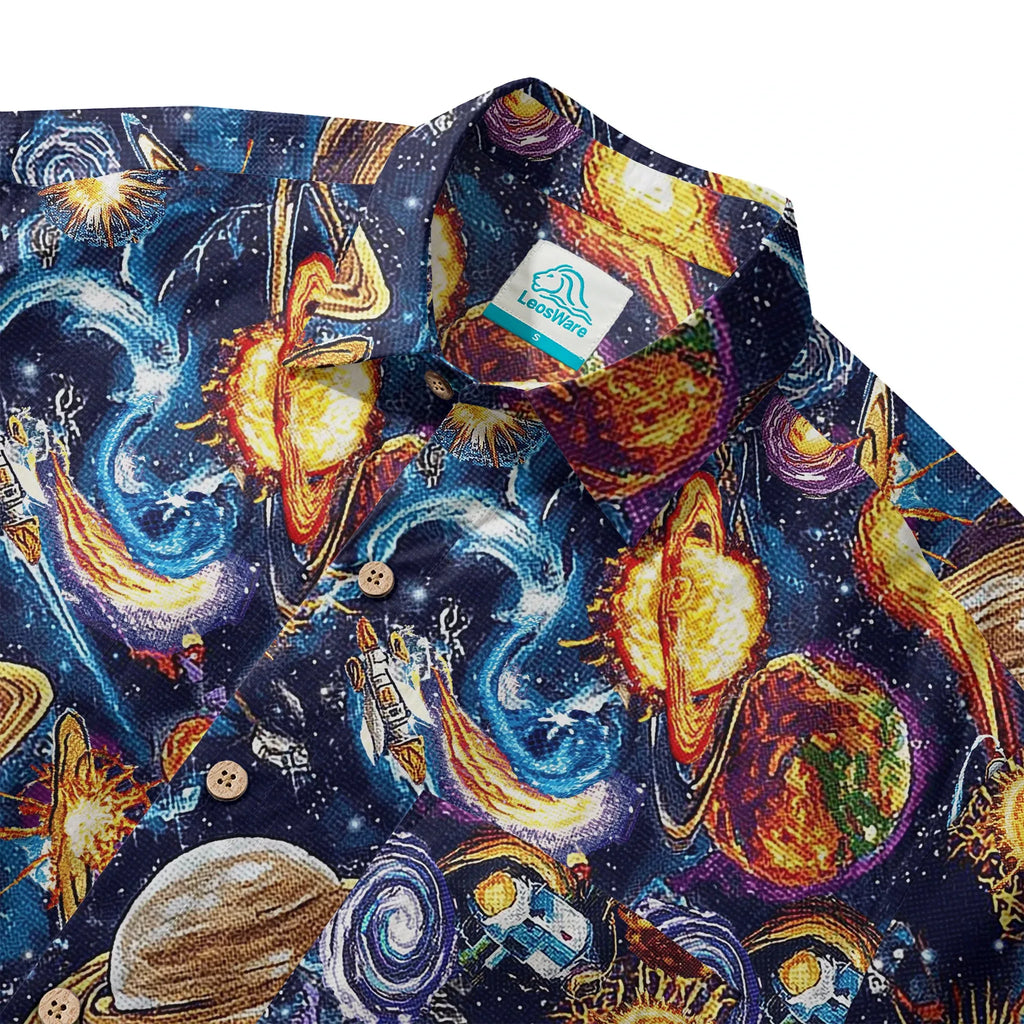 LeosWare® Men's Hawaiian Shirt Short Sleeve Button-up 100% Cotton Blue Aloha Journey Across The Stars