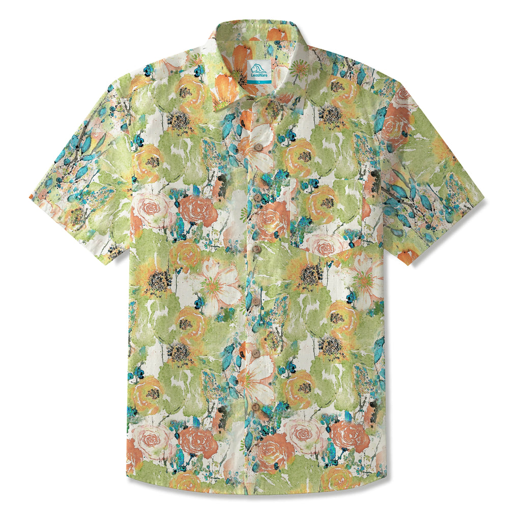 LeosWare® Men's Hawaiian Shirt Short Sleeve Button-up 100% Cotton Green Aloha Fresh Natural Impressions
