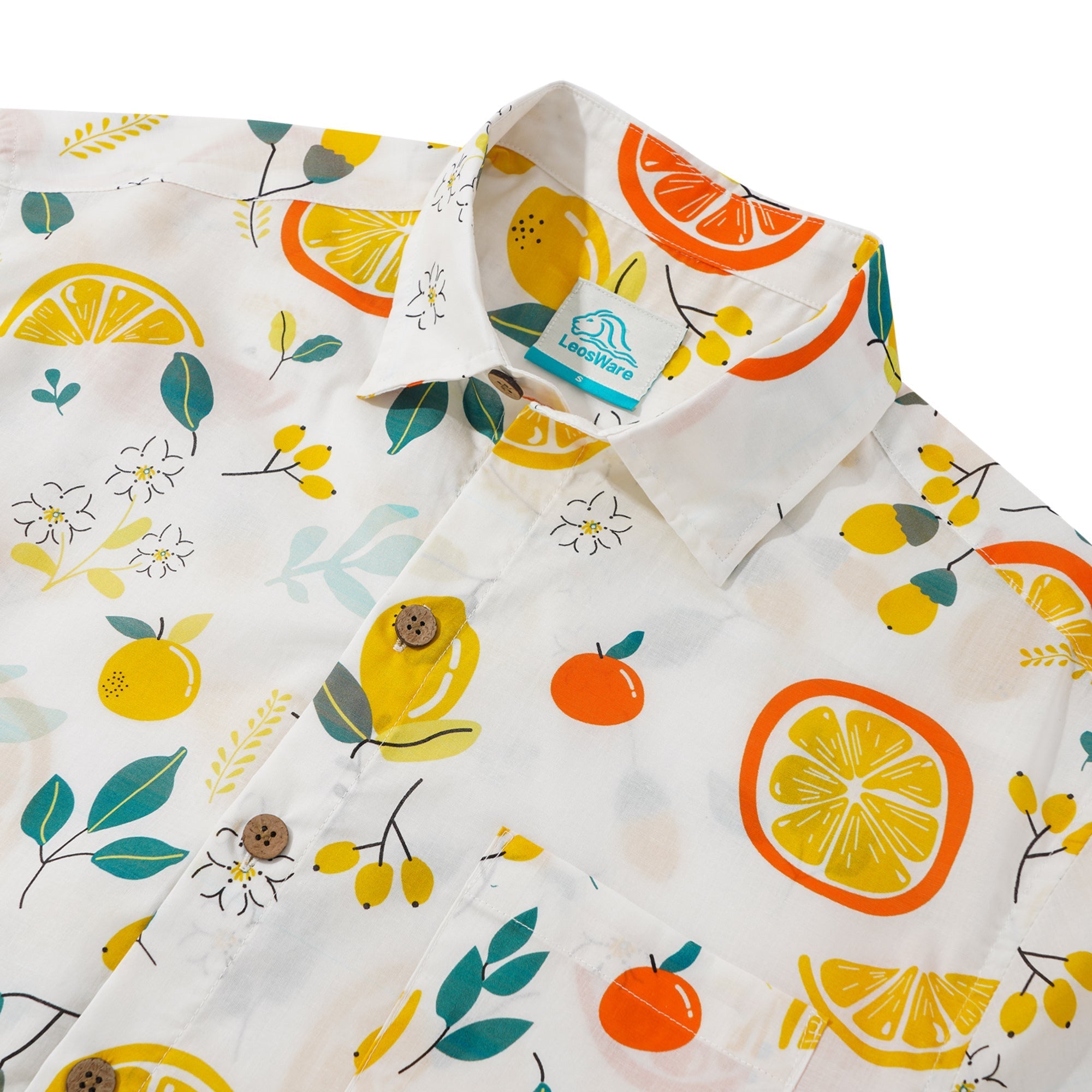 LeosWare® Men's Hawaiian Shirt Short Sleeve Button-up 100% Cotton Yellow Aloha Summer Fruit Guide