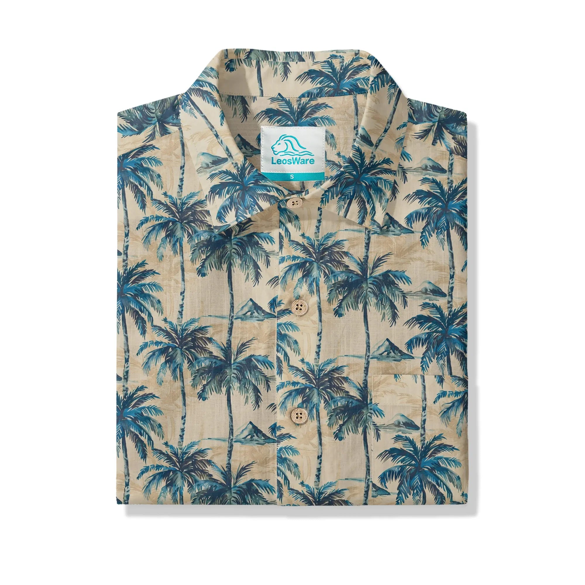 LeosWare® Men's Hawaiian Shirt Short Sleeve Button-up 100% Cotton Blue Aloha Blue Coconut Island Shadow