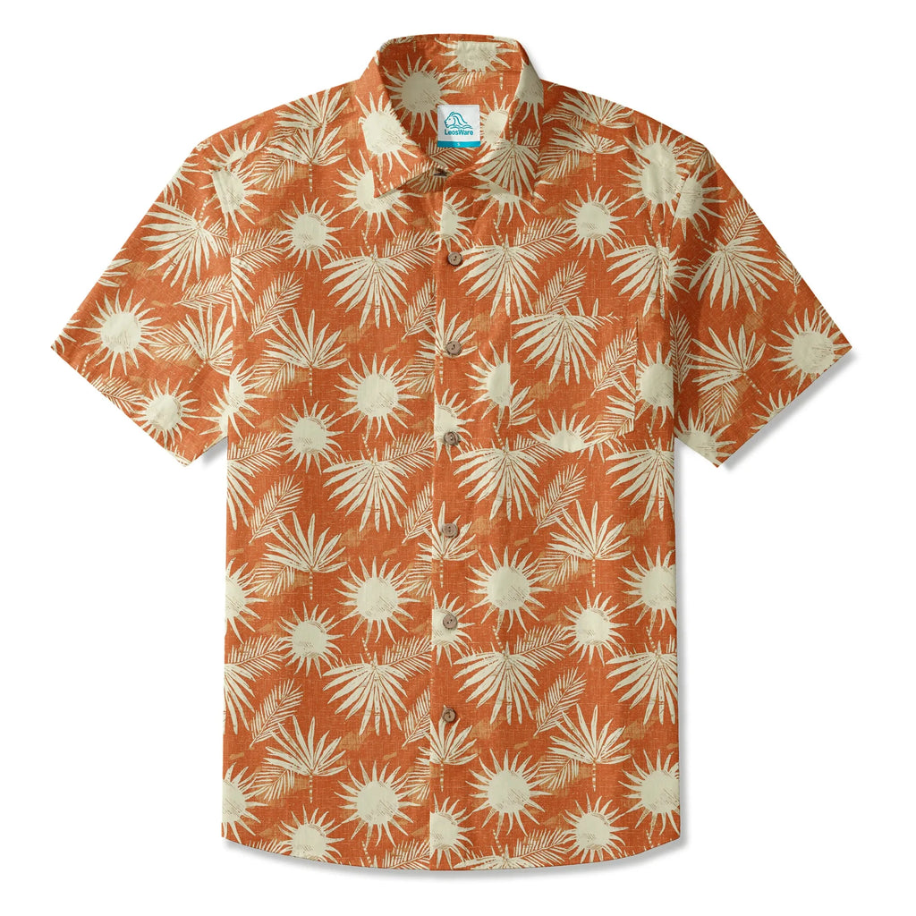 LeosWare® Men's Hawaiian Shirt Short Sleeve Button-up 100% Cotton Orange Aloha Orange Brown Coconut Shadow
