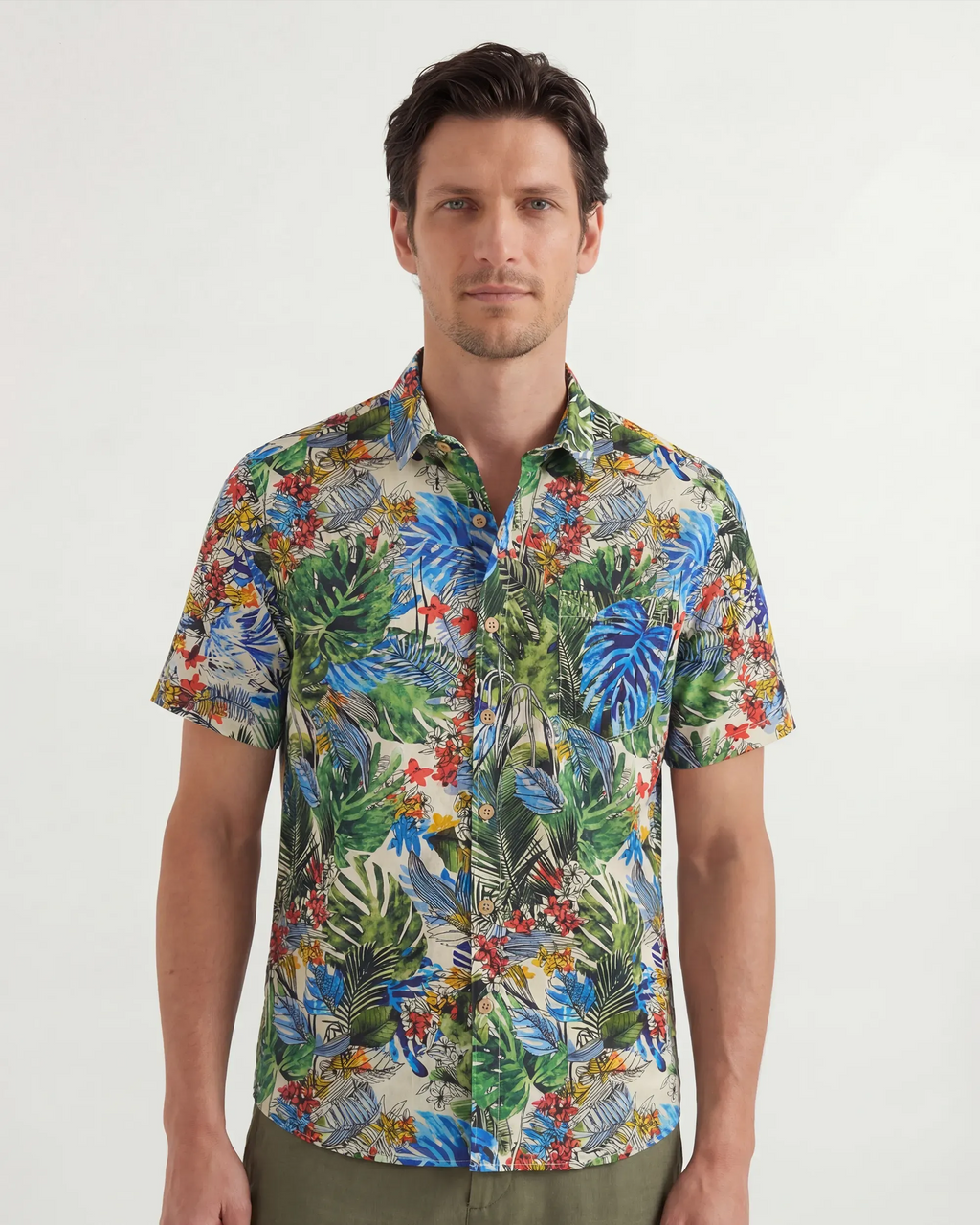 LeosWare® Men's Hawaiian Shirt Short Sleeve Button-up 100% Cotton Green Aloha Tropical Jungle Whispers