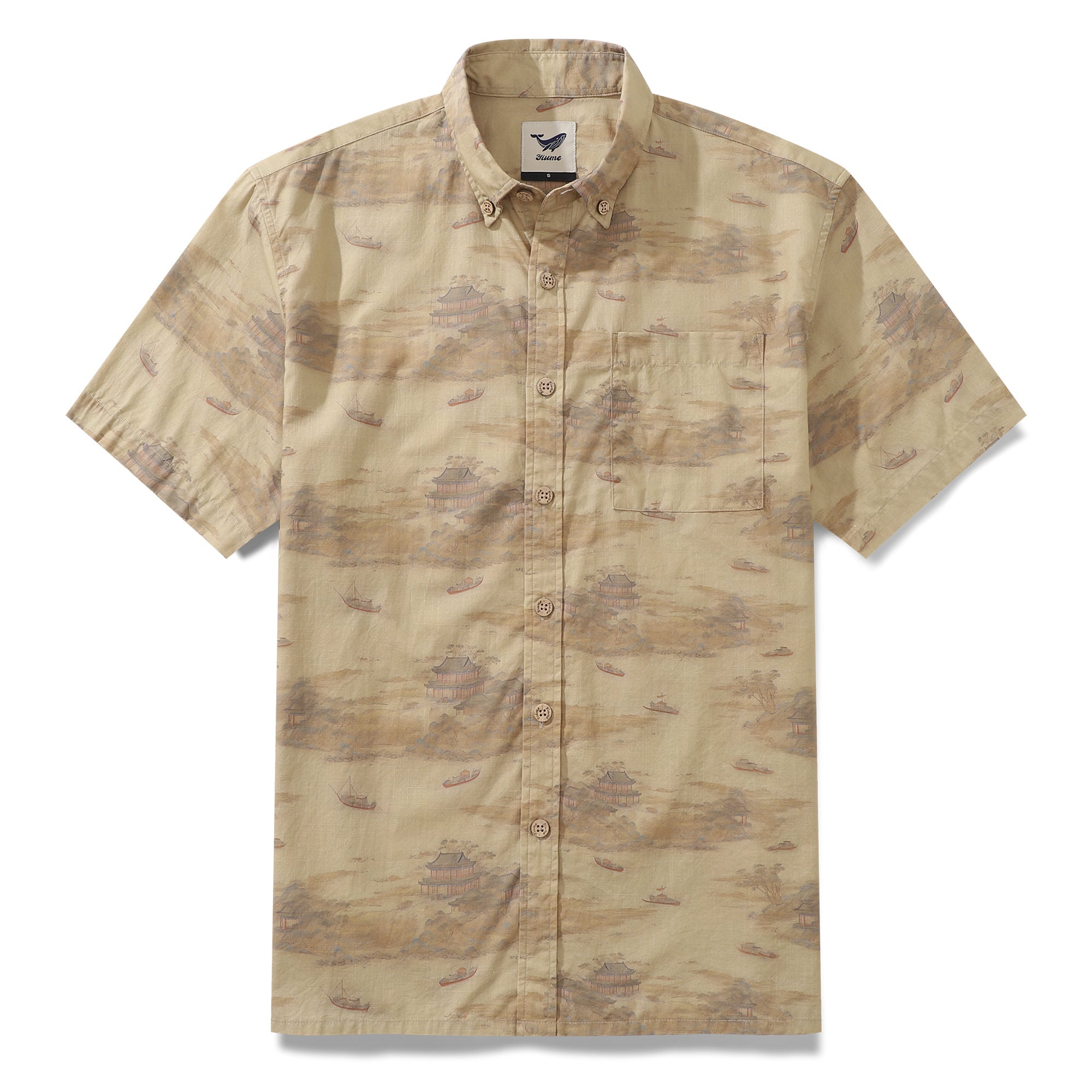 1920s Vintage Men's Hawaiian Shirt Serenity along the Riverbank Cotton Button-down Short Sleeve Aloha Shirt