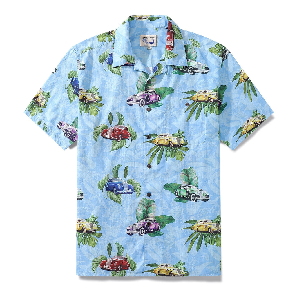 Hawaiian Shirt For Men Old-Fashioned Car Shirt Camp Collar 100% Cotton