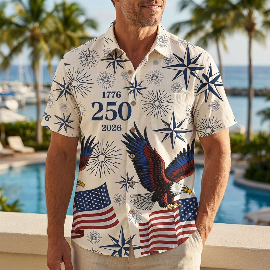 LeosWare® Men's Hawaiian Shirt Short Sleeve Button-up Breathable & Quick-Dry Aloha American Flag Eagle Fireworks Commemorating 250 Years
