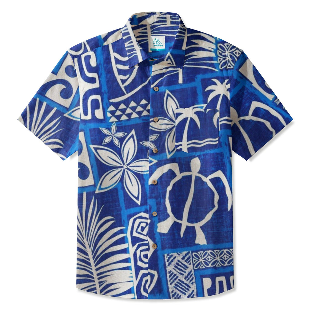 LeosWare® Men's Hawaiian Shirt Short Sleeve Button-up Breathable & Quick-Dry Aloha Tiki Mood(island Blue)