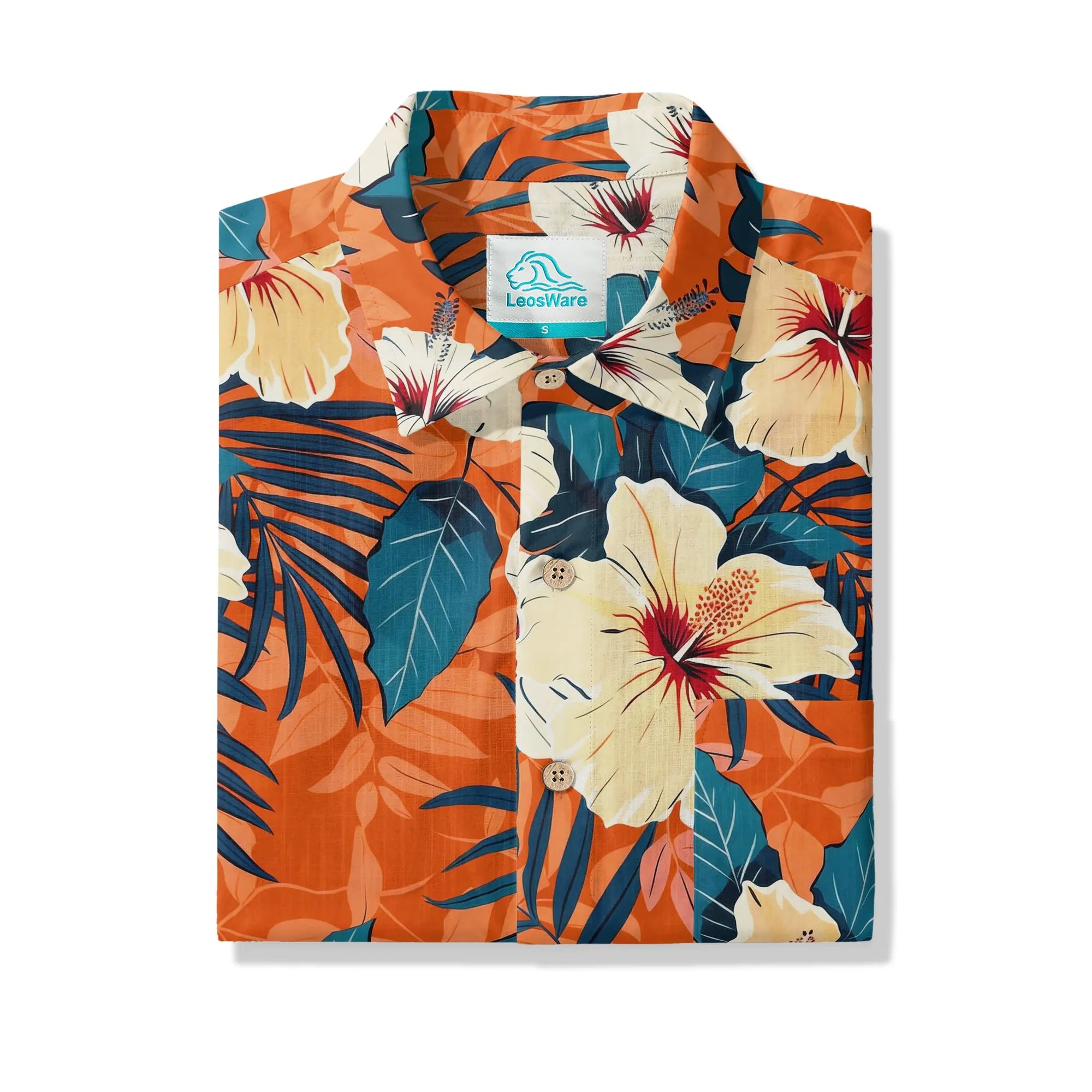 LeosWare® Men's Hawaiian Shirt Short Sleeve Button-up 100% Cotton Orange Aloha Blooming Orange Hibiscus