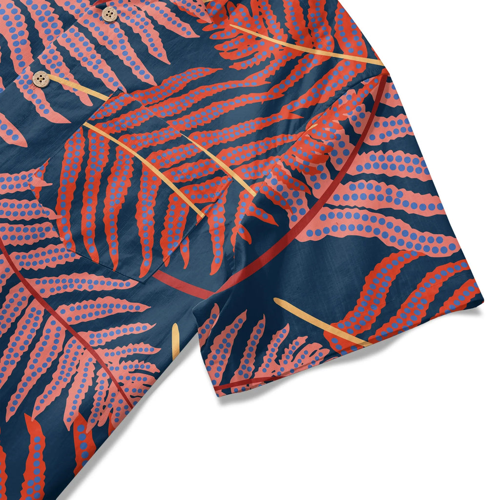 LeosWare® Plant Men's Hawaiian Shirt Short Sleeve Button-up 100% Cotton Blue Aloha Red Fern Night Shadows