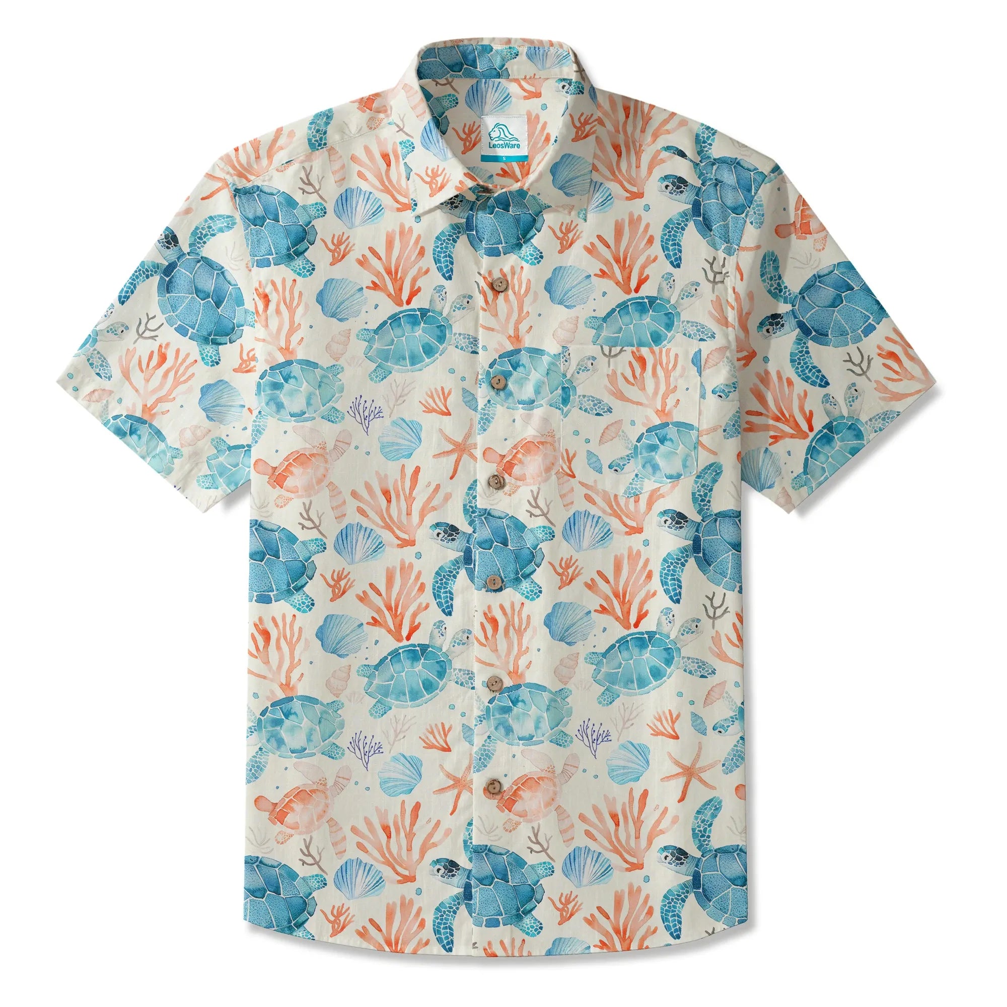 LeosWare® Men's Hawaiian Shirt Short Sleeve Button-up 100% Cotton Blue Aloha Blue Turtle Roaming Coral