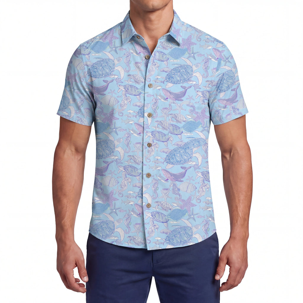 LeosWare® Men's Hawaiian Shirt Short Sleeve Button-up 100% Cotton Blue Aloha Sea Turtle Serenade