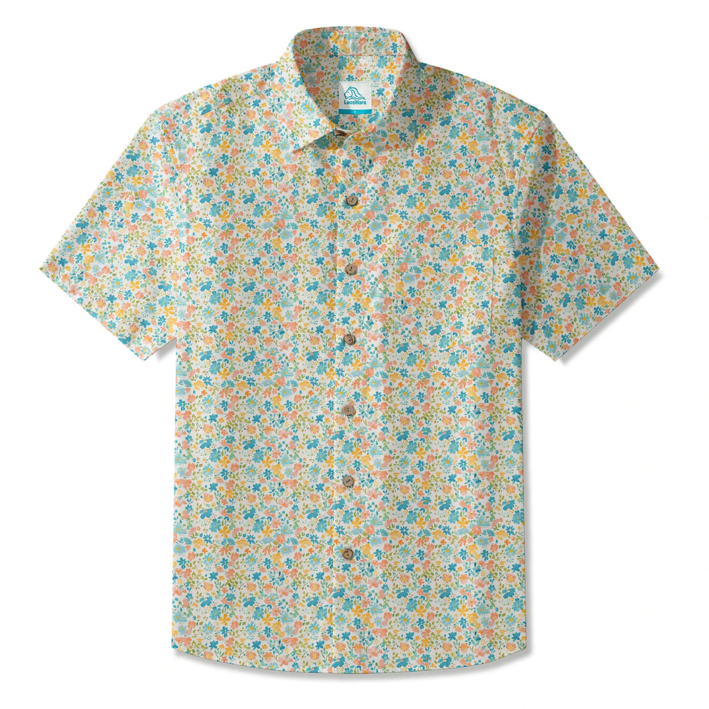 LeosWare® Flower Men's Hawaiian Shirt Short Sleeve Button-up 100% Cotton Beige Aloha Sunny Day Wildflowers