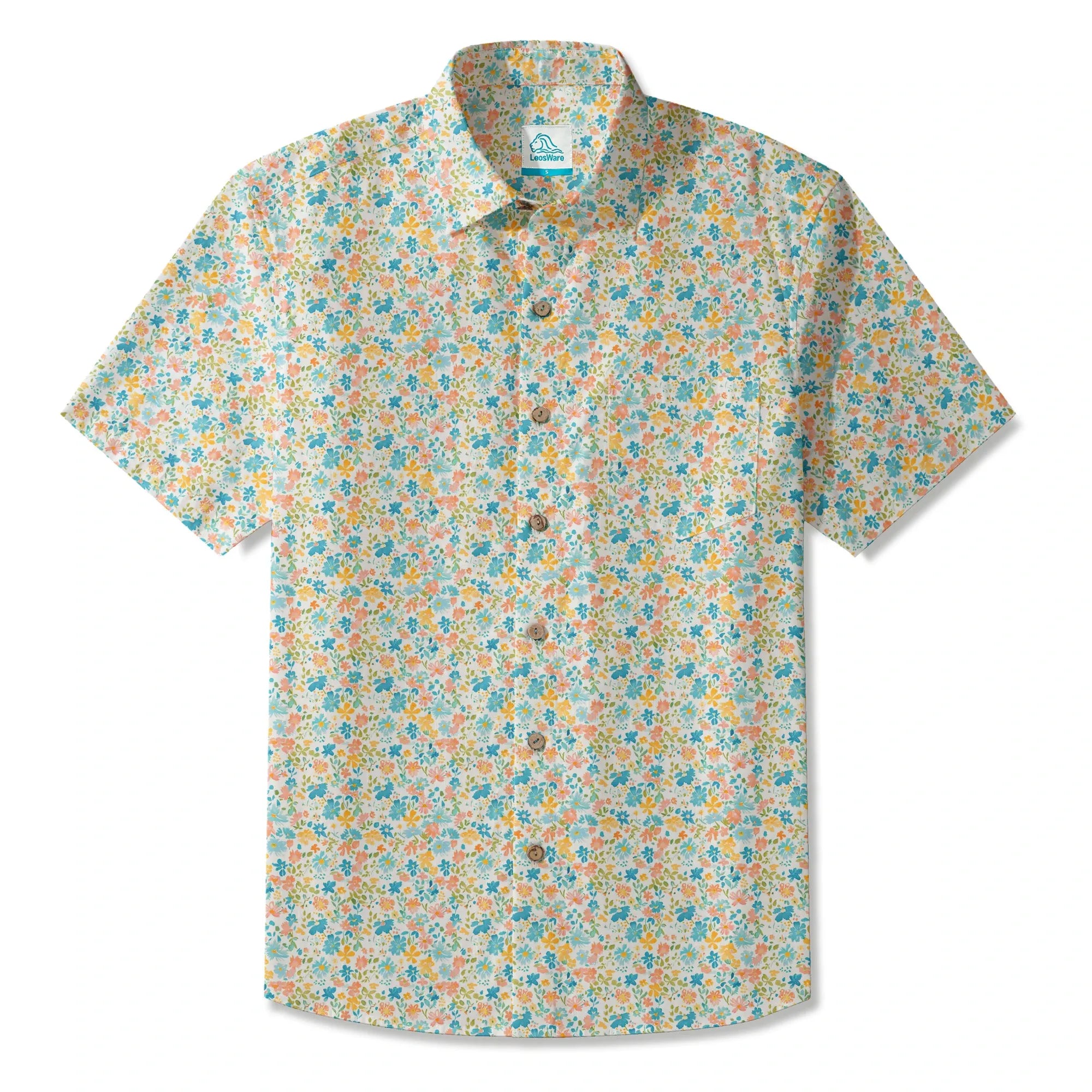 LeosWare® Flower Men's Hawaiian Shirt Short Sleeve Button-up 100% Cotton Beige Aloha Sunny Day Wildflowers