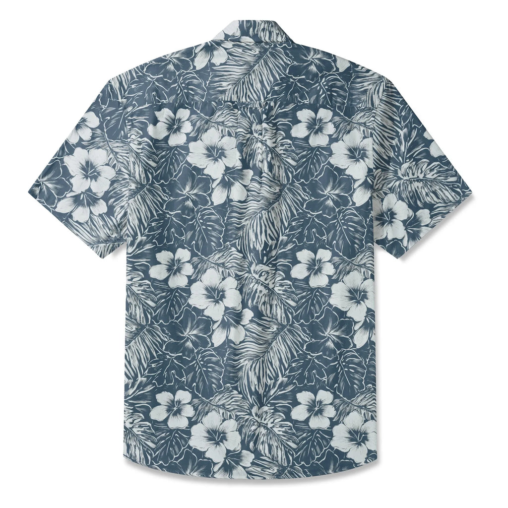 LeosWare® Hibiscus Flower Men's Hawaiian Shirt Short Sleeve Button-up 100% Cotton Blue Aloha Blue Ink Flower Shadows