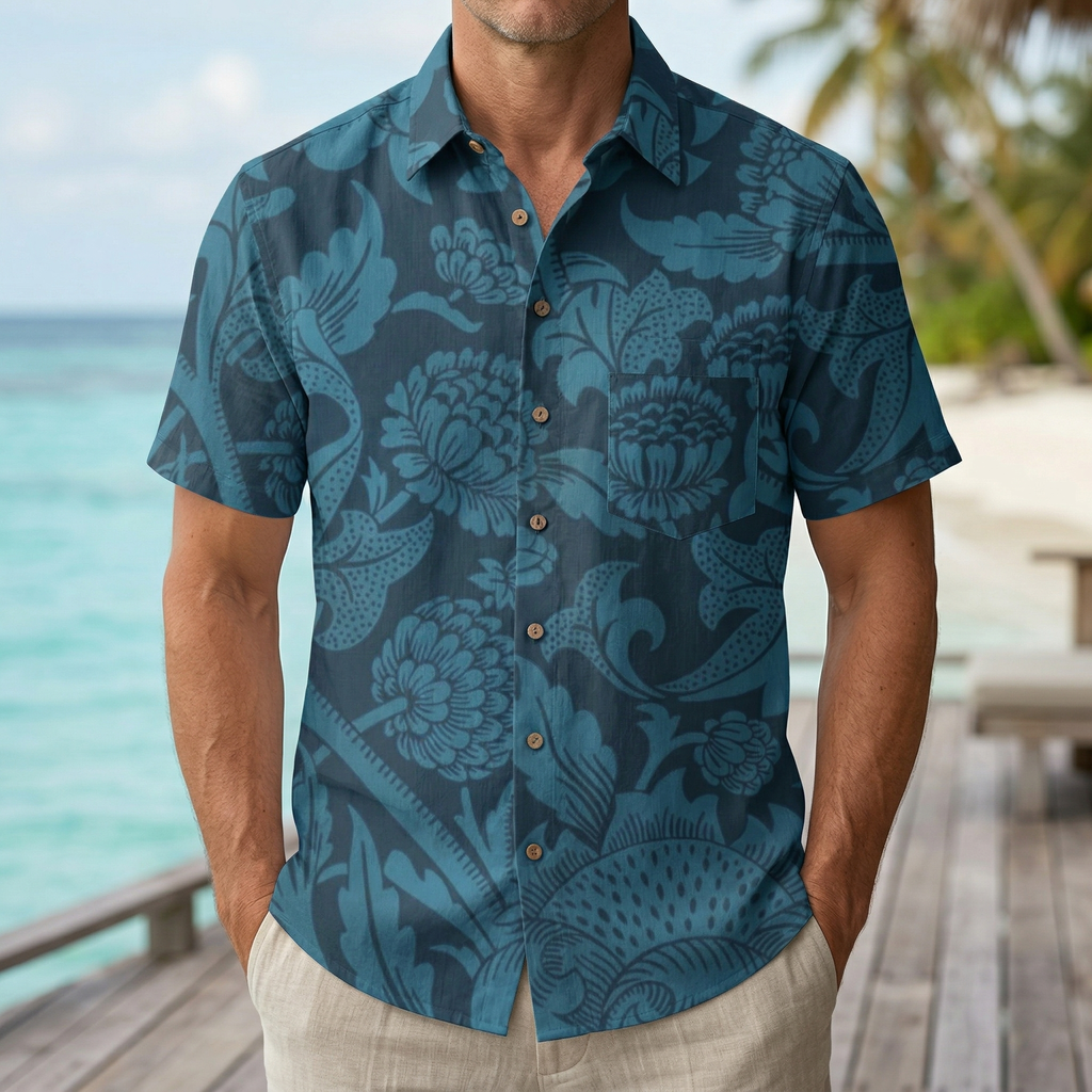 LeosWare® Men's Hawaiian Shirt Short Sleeve Button-up 95% Polyester, 5% Spandex Aloha Midnight Vine
