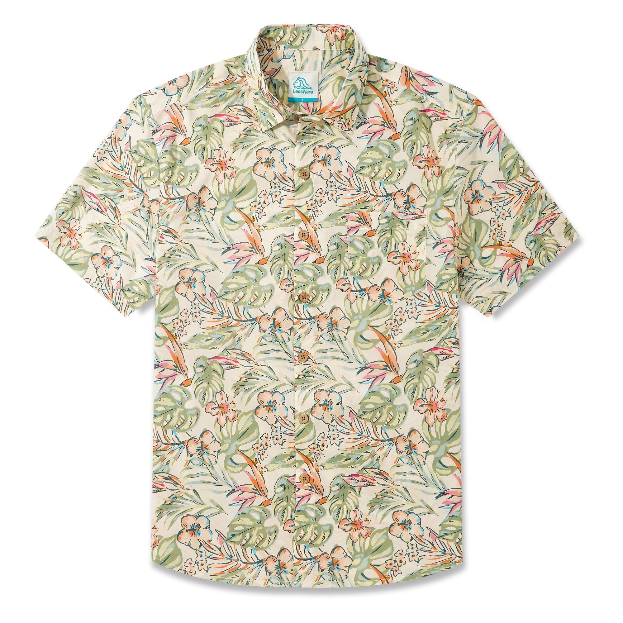 LeosWare® Men's Hawaiian Shirt Short Sleeve Button-up 100% Cotton Beige Aloha Fresh Tropical Plant Art
