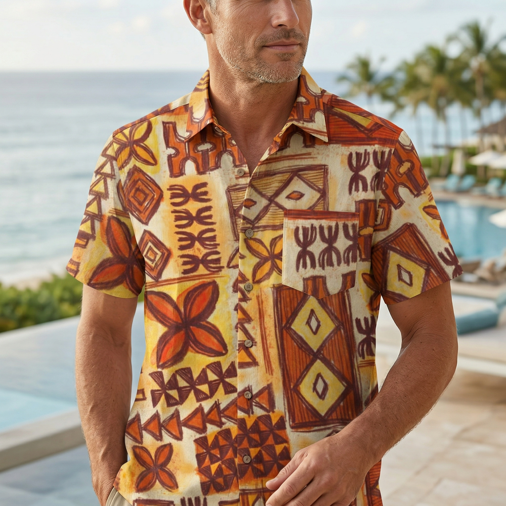 LeosWare® Men's Hawaiian Shirt Short Sleeve Button-up 95% Polyester, 5% Spandex Aloha Ember Tribe