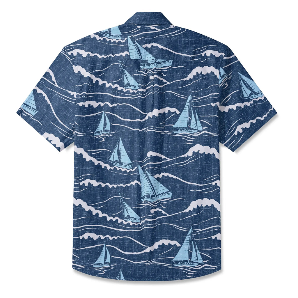LeosWare® Sailboat Men's Hawaiian Shirt Short Sleeve Button-up 100% Cotton Blue Aloha Blue Sail Adventure