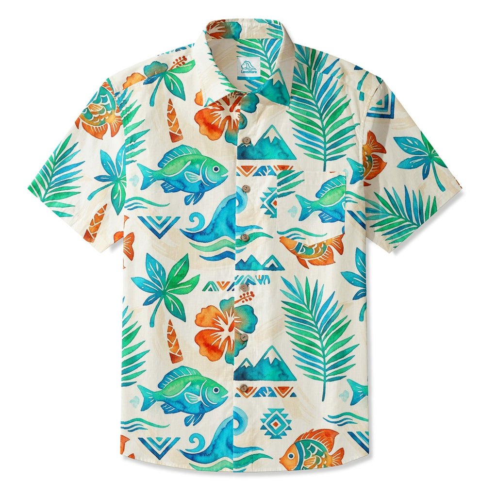 LeosWare® Men's Hawaiian Shirt Short Sleeve Button-up 95% Polyester, 5% Spandex Aloha Sea Breeze