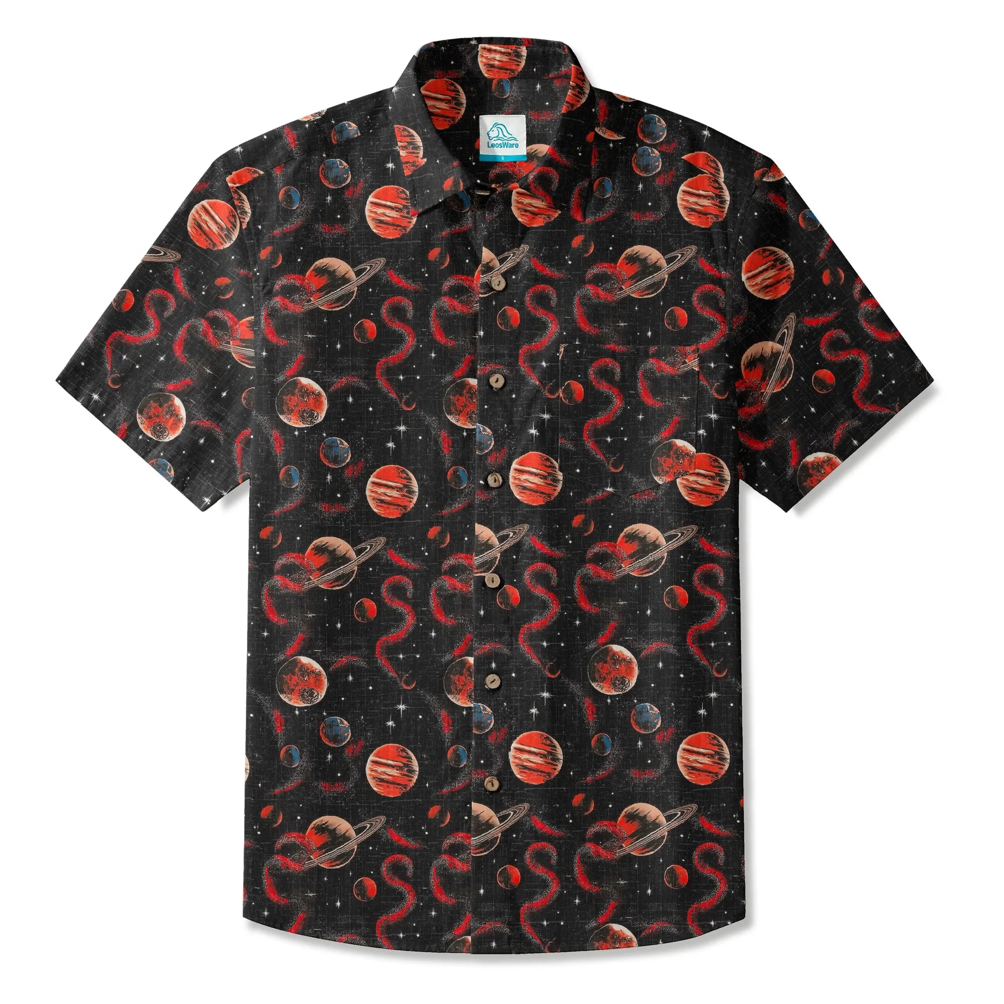 LeosWare® Men's Hawaiian Shirt Short Sleeve Button-up 100% Cotton Black Apace Aloha Crimson Celestial River