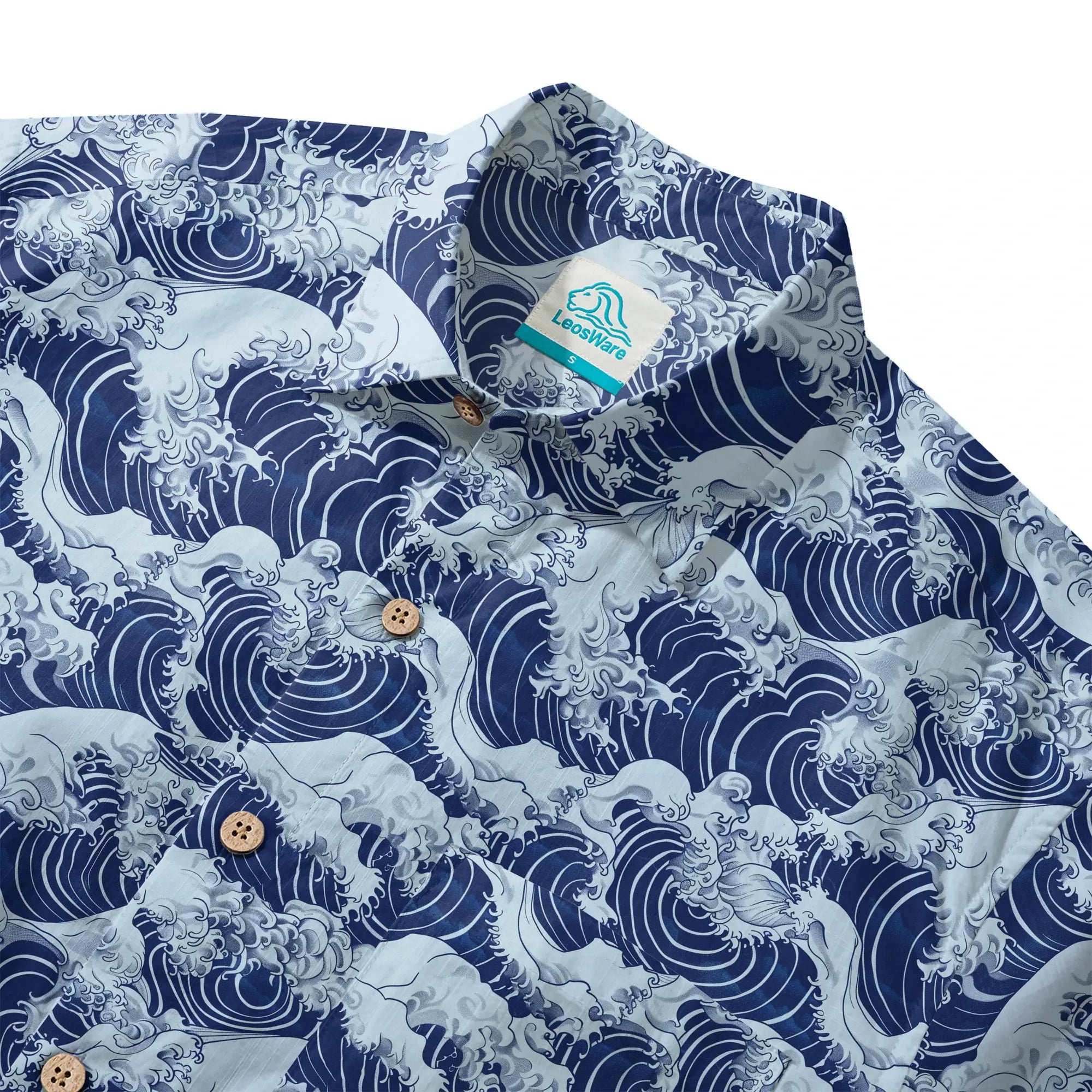 LeosWare® Men's Hawaiian Shirt Short Sleeve Button-up 100% Cotton Blue Aloha Blue Wave World