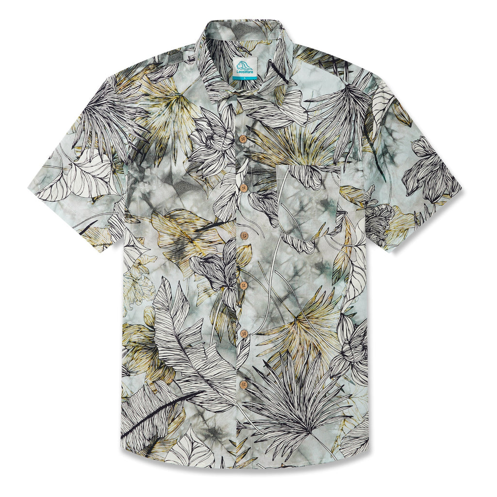 LeosWare® Men's Hawaiian Shirt Short Sleeve Button-up 100% Cotton Green Aloha Fresh Tropical Plant Art