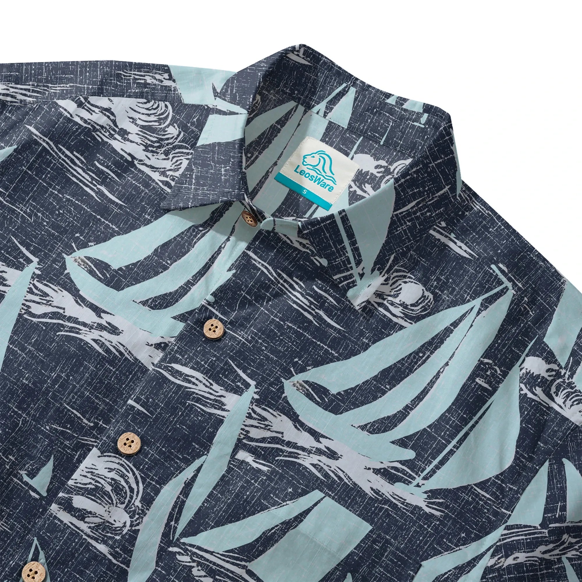 LeosWare® Sailboat Men's Hawaiian Shirt Short Sleeve Button-up 100% Cotton Blue Aloha Sailing To The Horizon