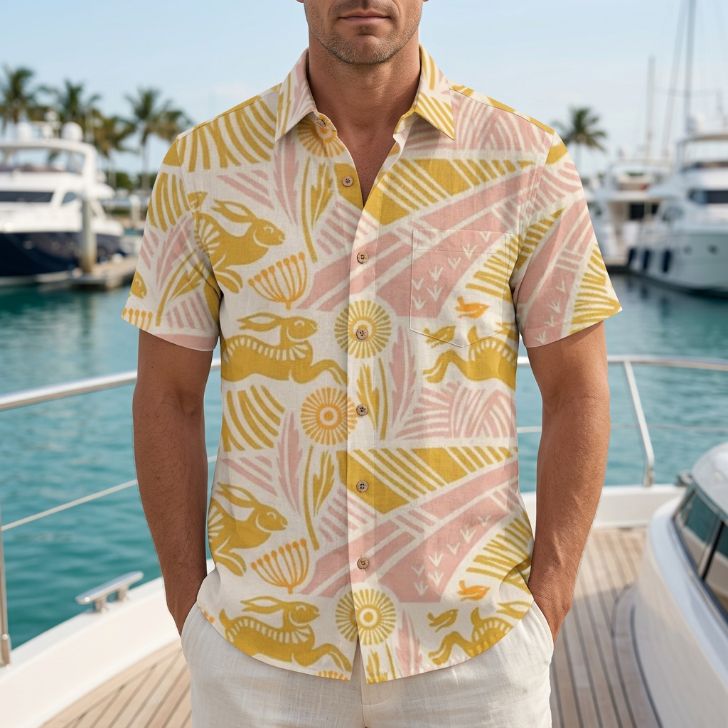 LeosWare® Men's Hawaiian Shirt Short Sleeve Button-up Breathable & Quick-Dry Aloha Bunny Folklore