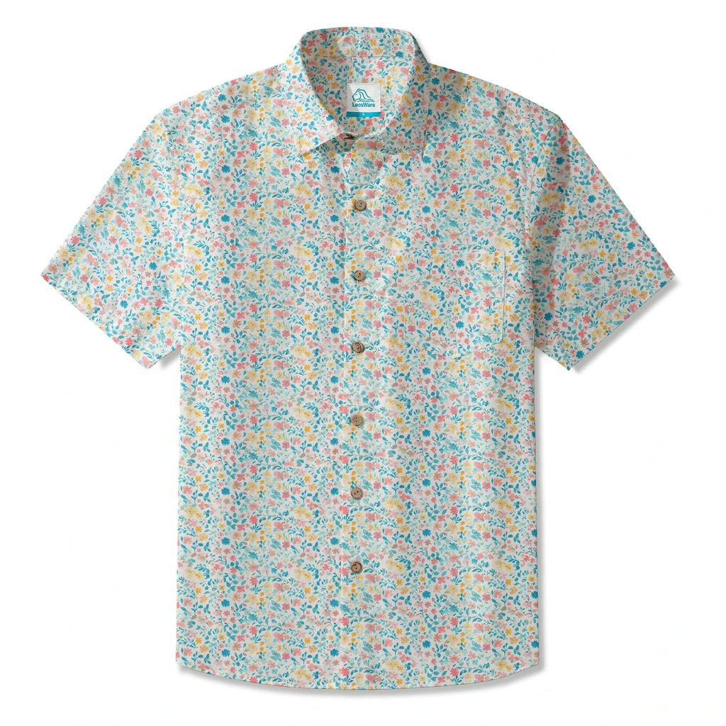 LeosWare® Flower Men's Hawaiian Shirt Short Sleeve Button-up 100% Cotton Beige Aloha Spring Whispers