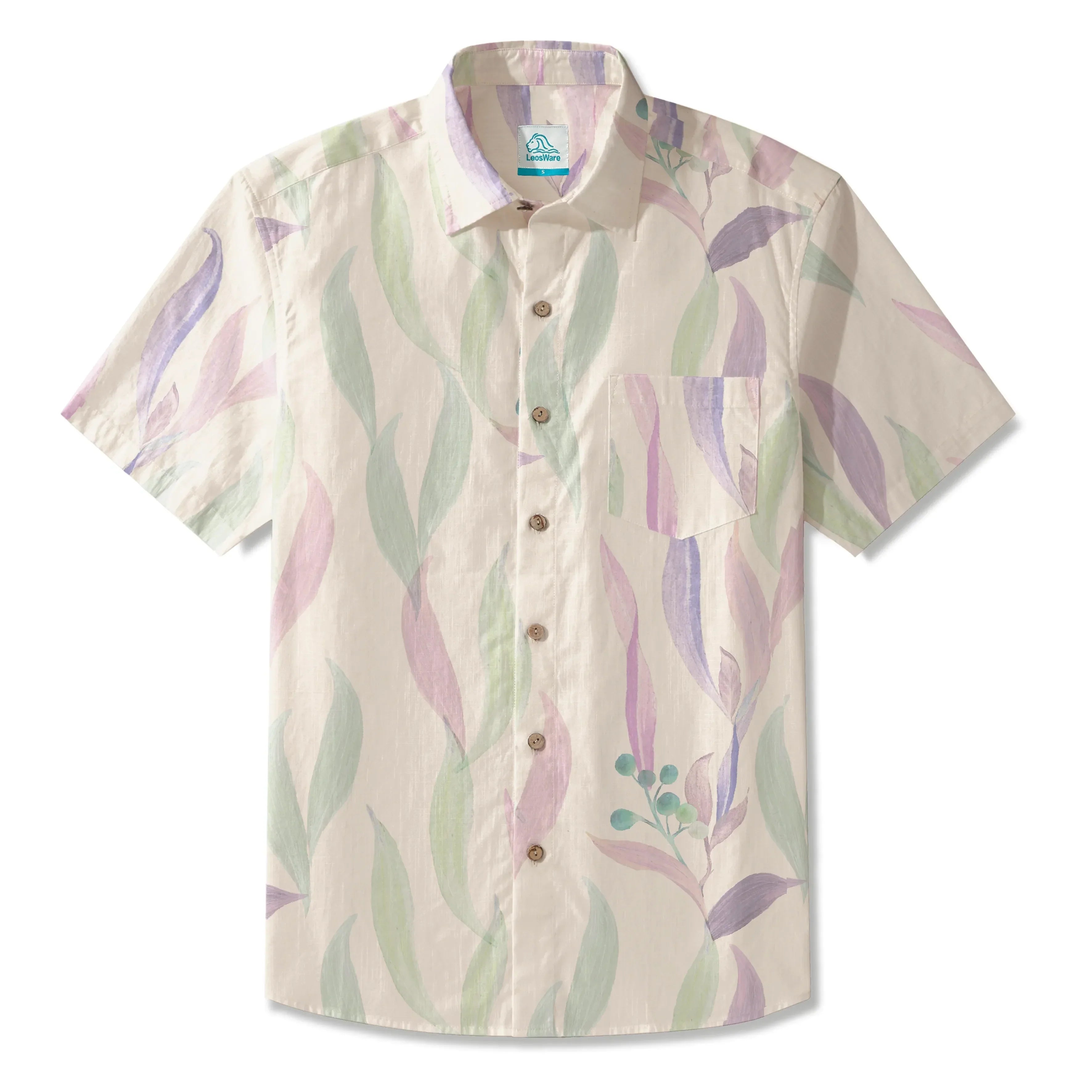 LeosWare® Men's Hawaiian Shirt Short Sleeve Button-up 100% Cotton Purple Aloha Spring Soft Colors