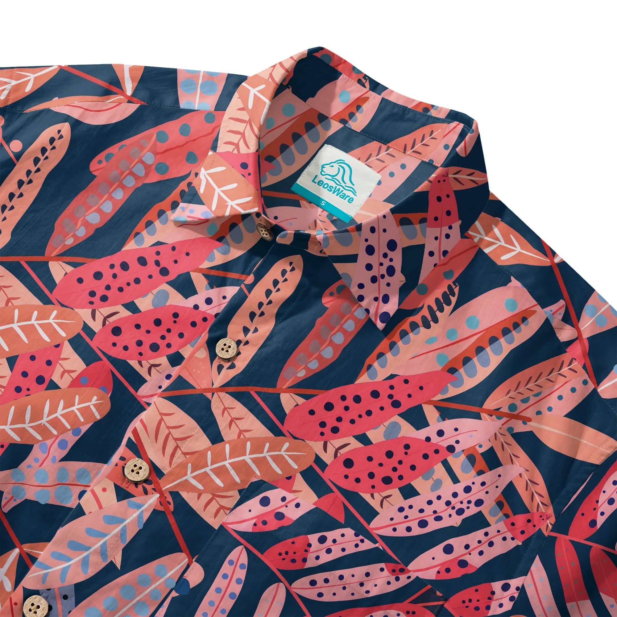 LeosWare® Plant Men's Hawaiian Shirt Short Sleeve Button-up 100% Cotton Red Aloha Crimson Leaf Jungle