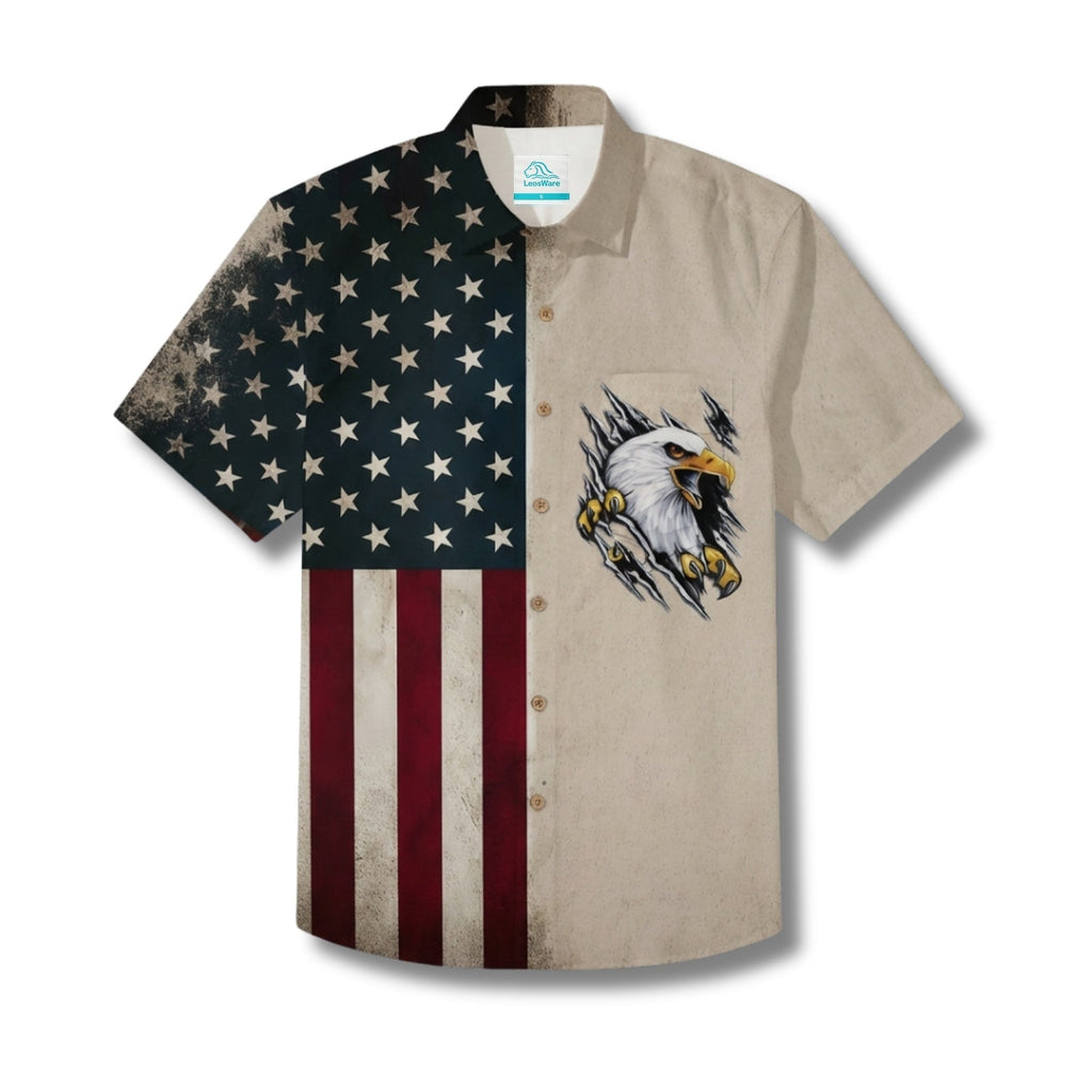 LeosWare® Men's Hawaiian Shirt Short Sleeve Button-up Breathable & Quick-Dry Aloha Memorial Day Patriotic American Flag Eagle