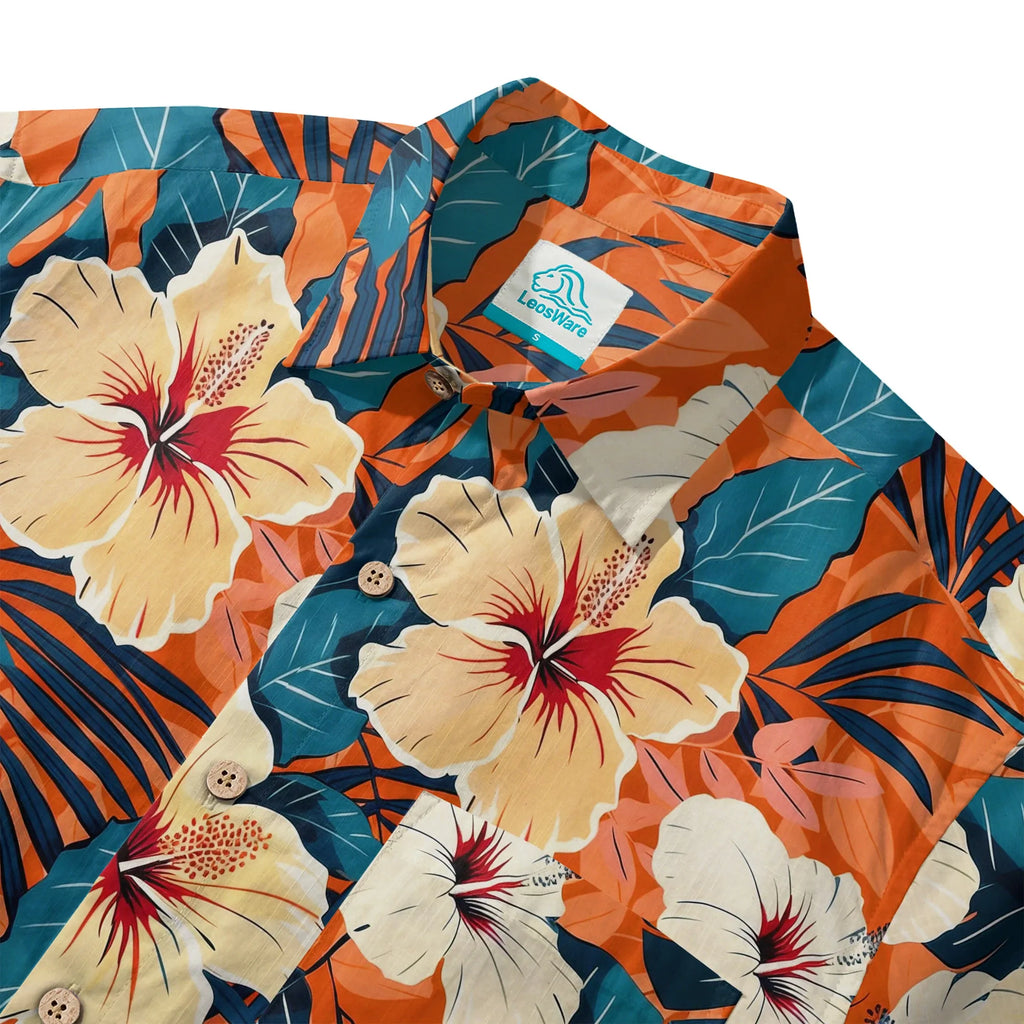 LeosWare® Men's Hawaiian Shirt Short Sleeve Button-up 100% Cotton Orange Aloha Blooming Orange Hibiscus