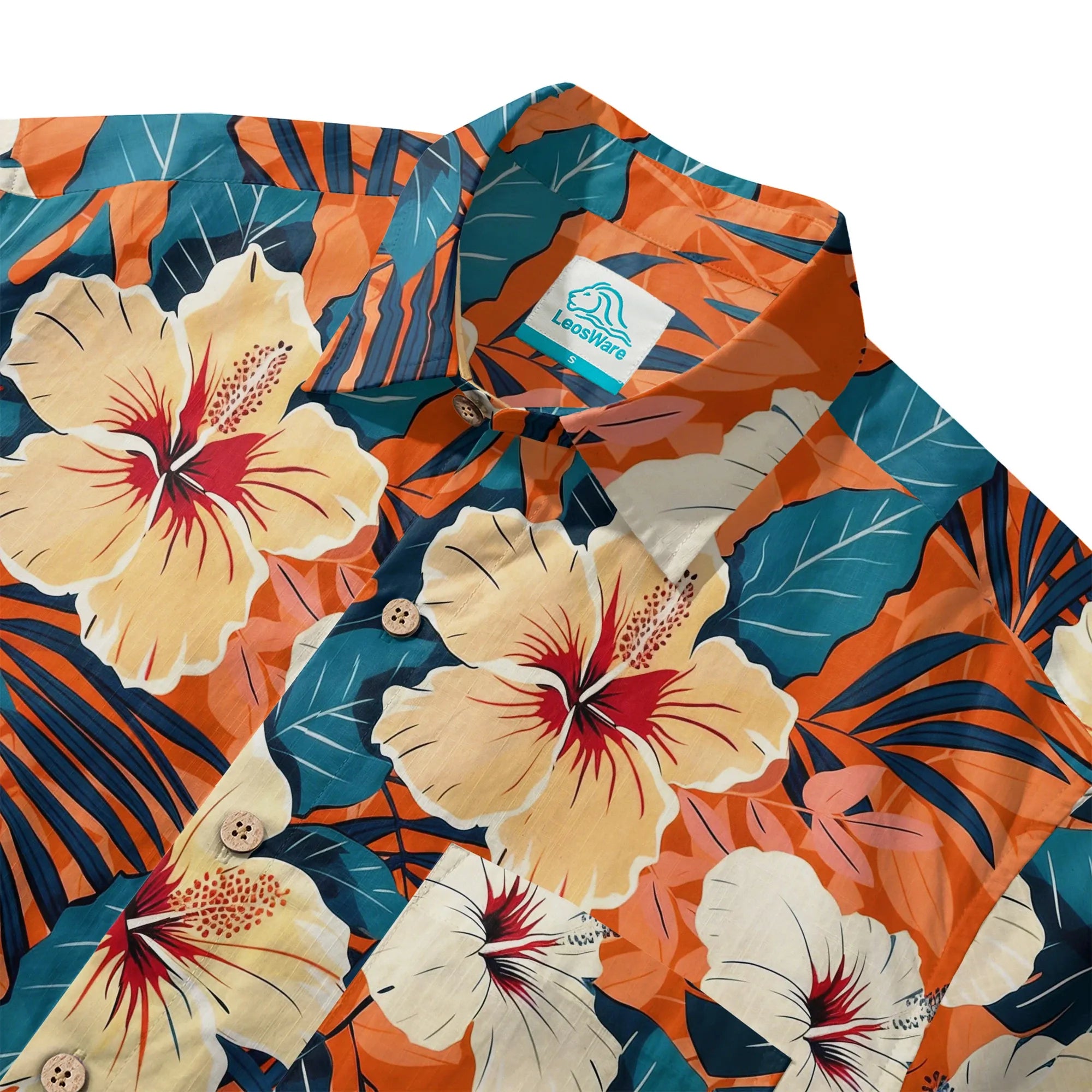 LeosWare® Men's Hawaiian Shirt Short Sleeve Button-up 100% Cotton Orange Aloha Blooming Orange Hibiscus