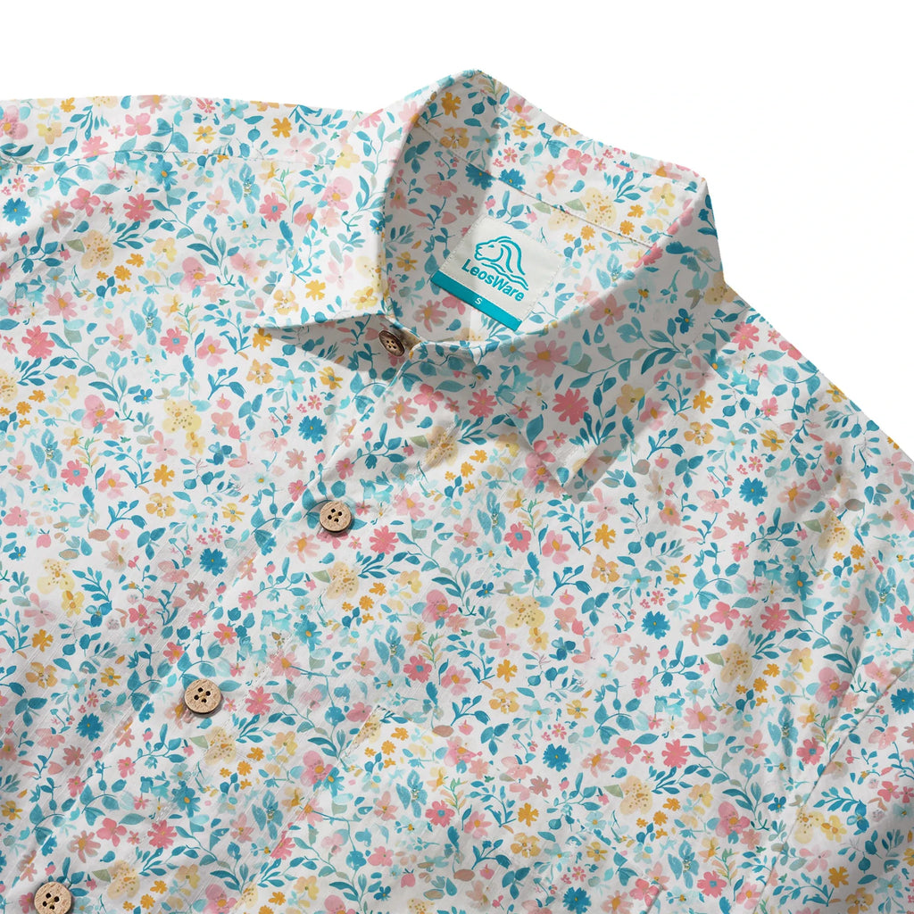 LeosWare® Flower Men's Hawaiian Shirt Short Sleeve Button-up 100% Cotton Beige Aloha Spring Whispers
