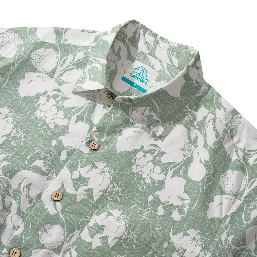 LeosWare® Flower Men's Hawaiian Shirt Short Sleeve Button-up 100% Cotton Green Aloha Verdant Memoirs