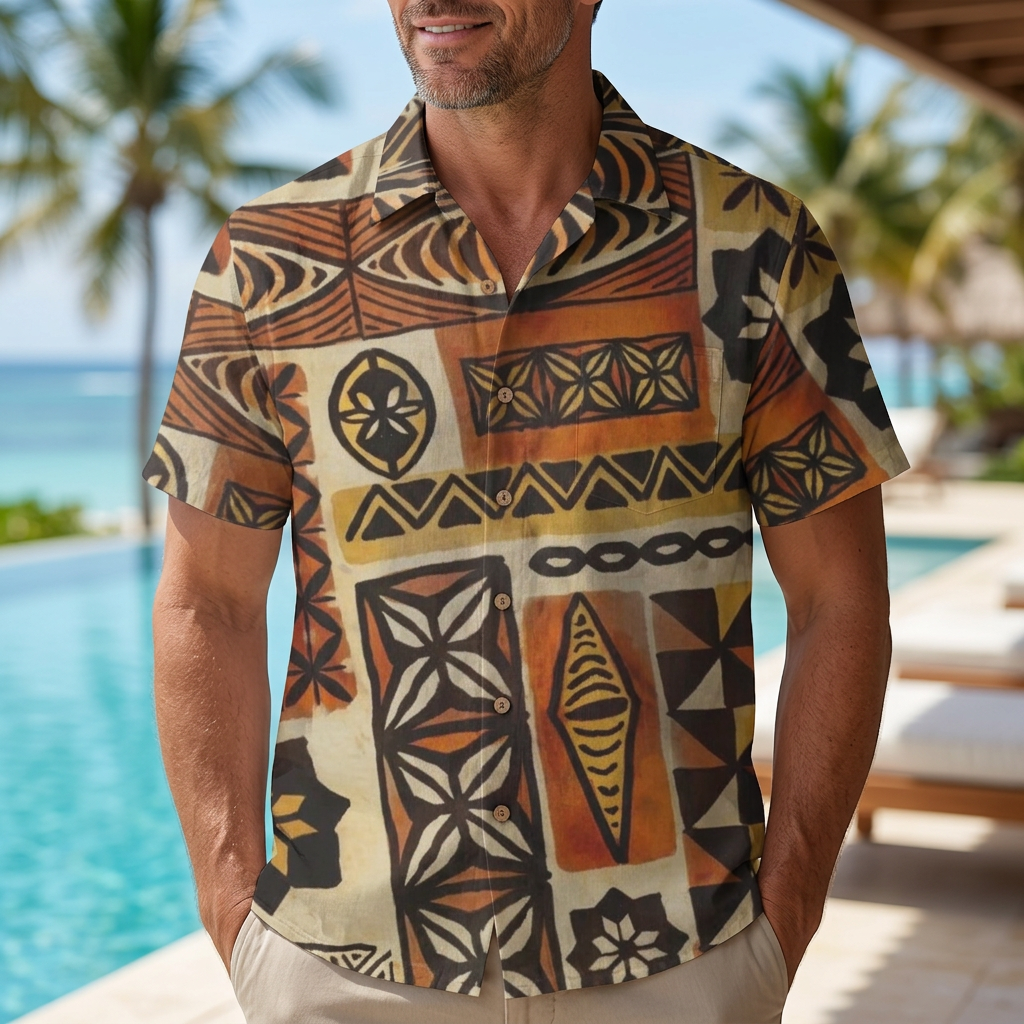 LeosWare® Men's Hawaiian Shirt Short Sleeve Button-up Breathable & Quick-Dry Aloha Tribal Cover