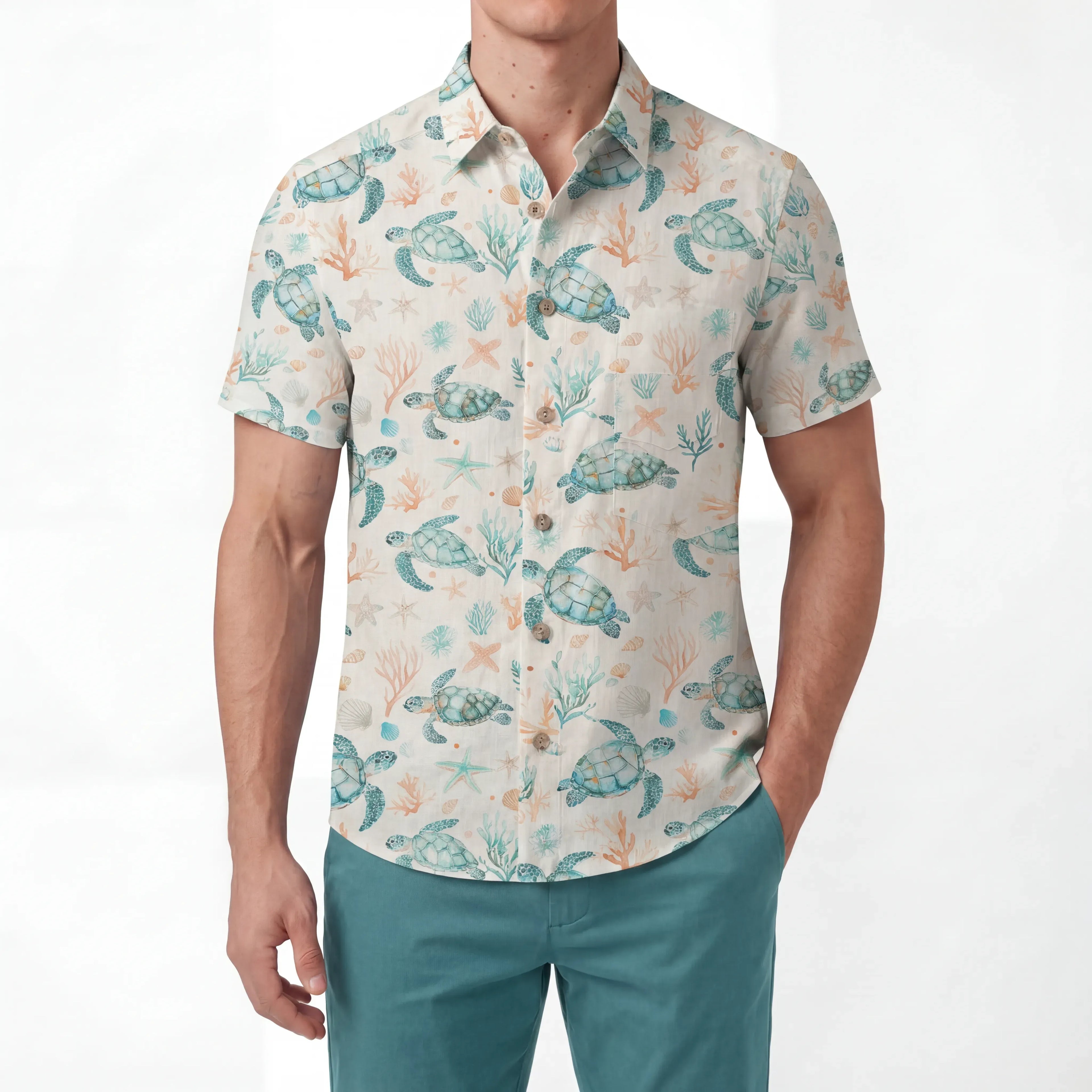 LeosWare® Men's Hawaiian Shirt Short Sleeve Button-up 100% Cotton Blue Aloha Coral Wonderland Of The Sea Turtle
