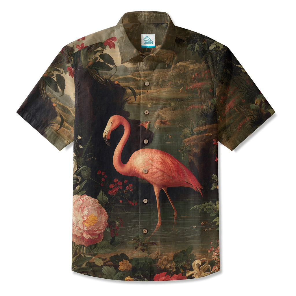 LeosWare® Men's Hawaiian Shirt Short Sleeve Button-up Breathable & Quick-Dry Aloha Flamingo Oasis