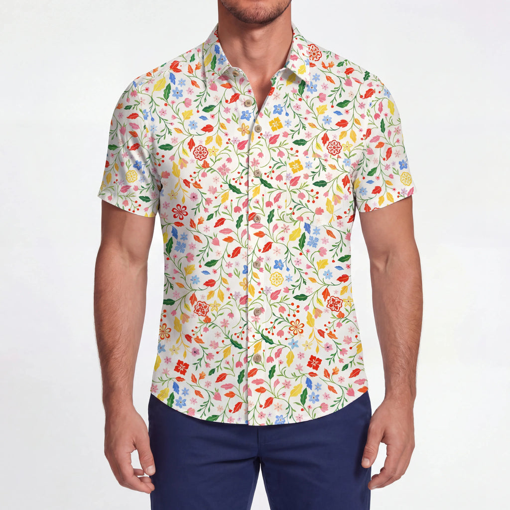 LeosWare® Men's Hawaiian Shirt Short Sleeve Button-up 100% Cotton Yellow Aloha Dream Of Fairy Blossoms