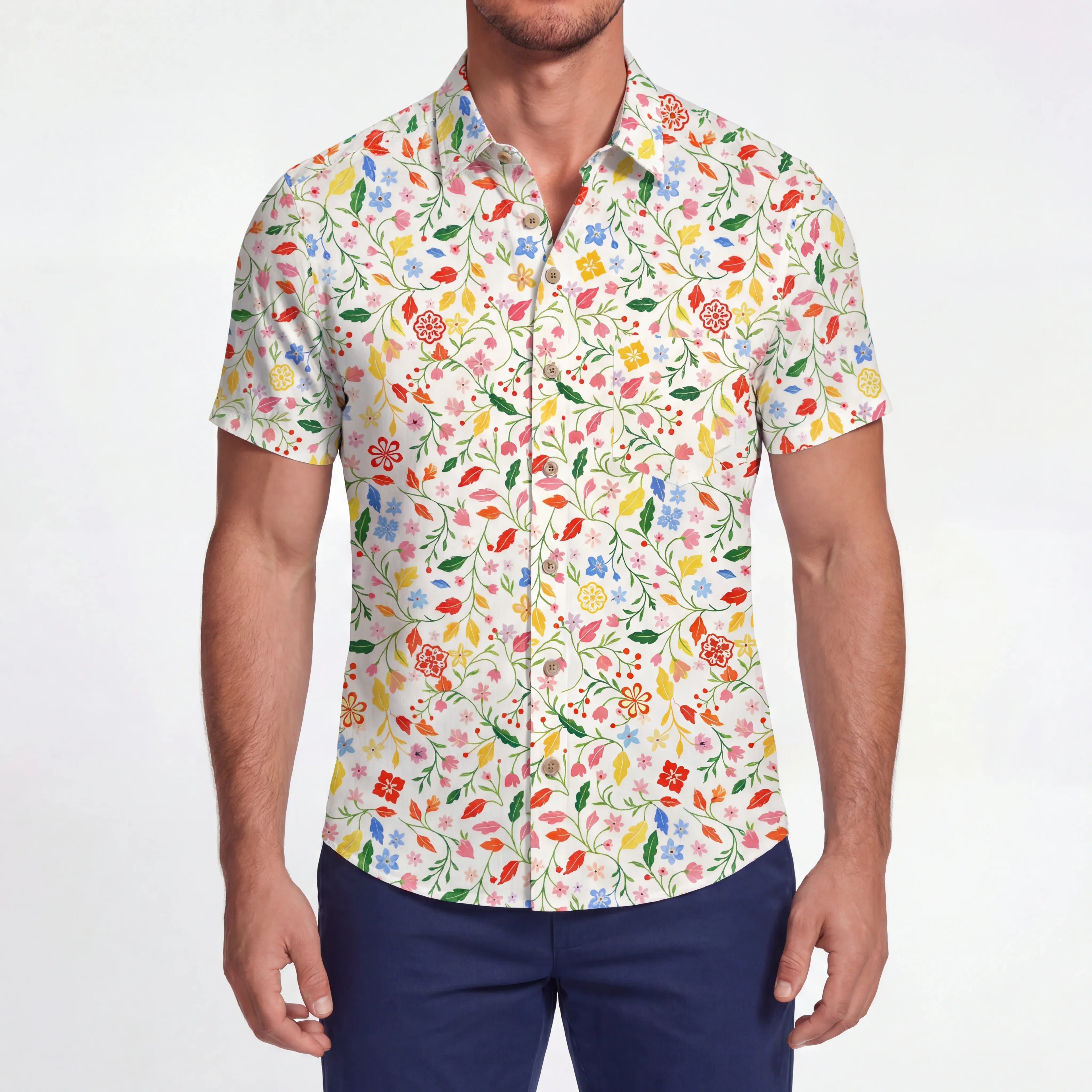 LeosWare® Men's Hawaiian Shirt Short Sleeve Button-up 100% Cotton Yellow Aloha Dream Of Fairy Blossoms