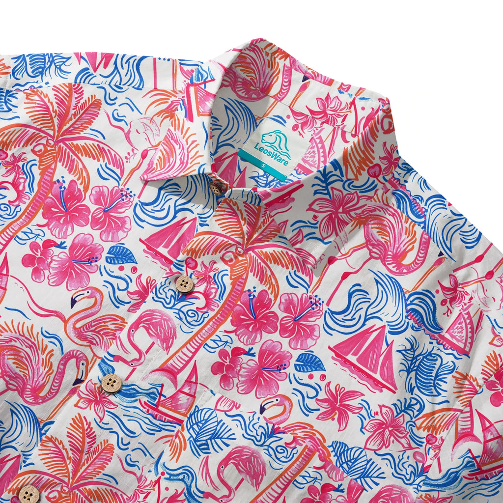LeosWare® Men's Hawaiian Shirt Short Sleeve Button-up 100% Cotton Aloha Tropical Fire Bay
