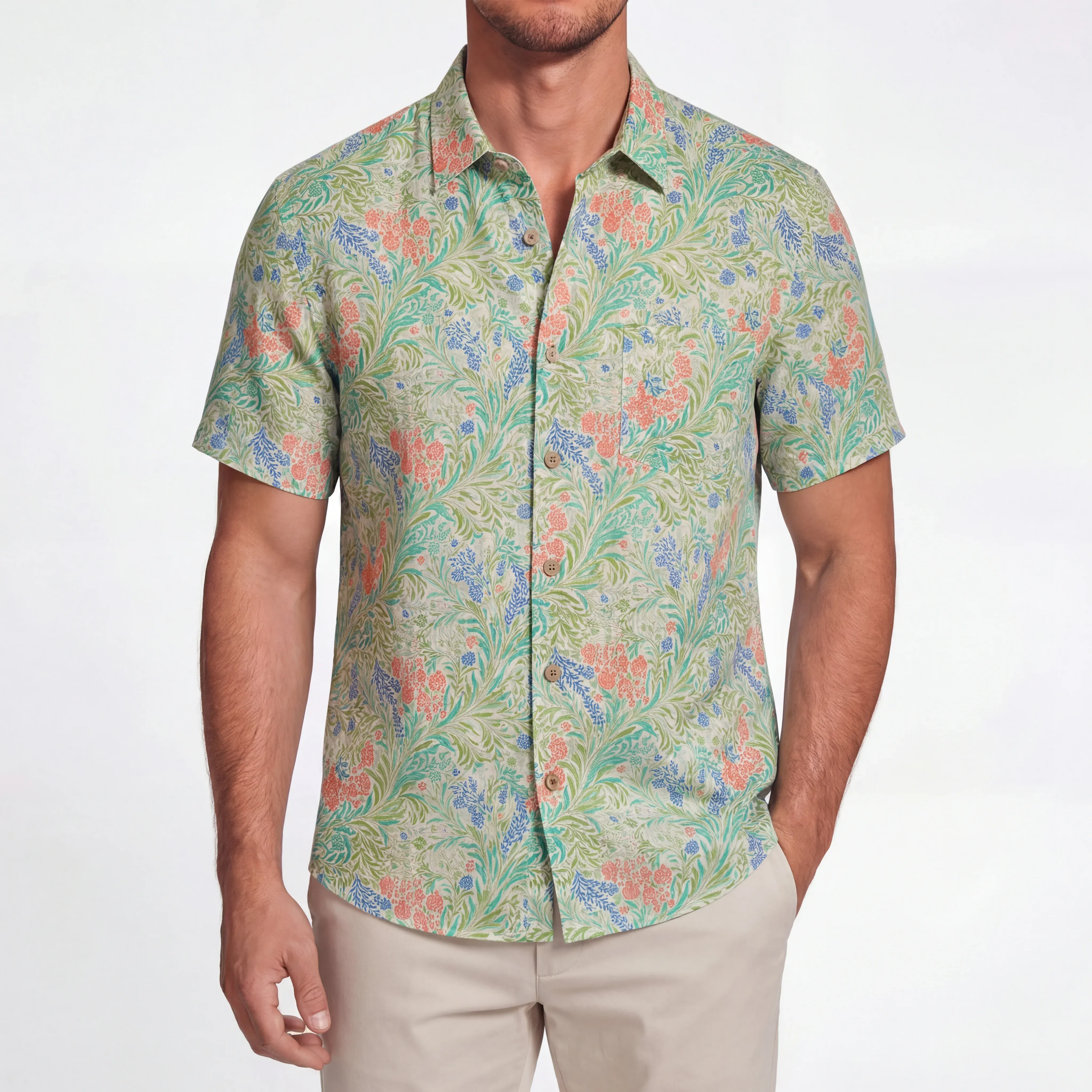 LeosWare® Men's Hawaiian Shirt Short Sleeve Button-up 100% Cotton Green Aloha Alfalfa Flower Earthly Weave