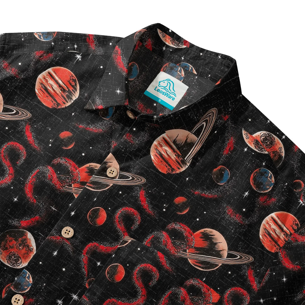 LeosWare® Men's Hawaiian Shirt Short Sleeve Button-up 100% Cotton Black Apace Aloha Crimson Celestial River