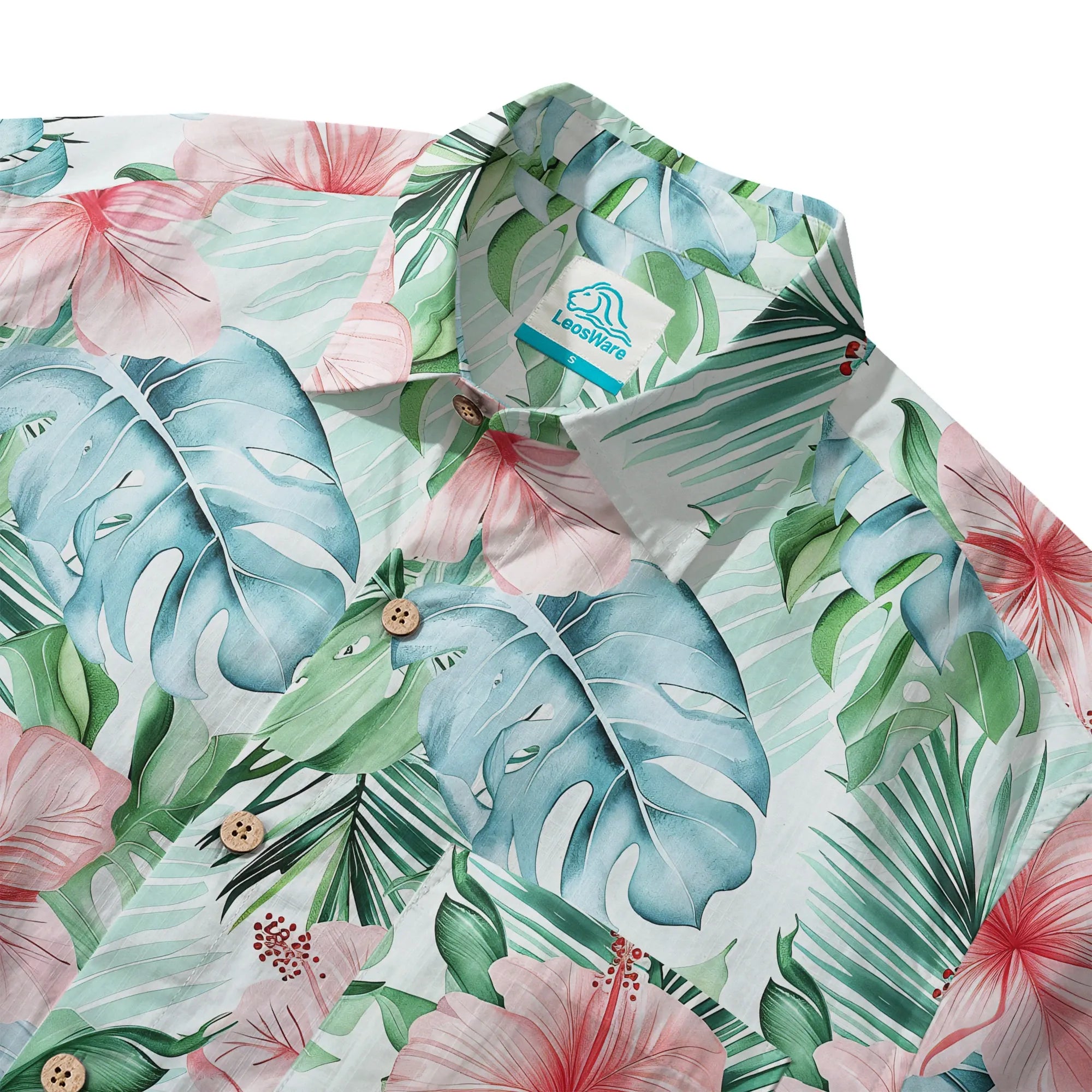 LeosWare® Men's Hawaiian Shirt Short Sleeve Button-up 100% Cotton Green Aloha Powdered Hibiscus Grove