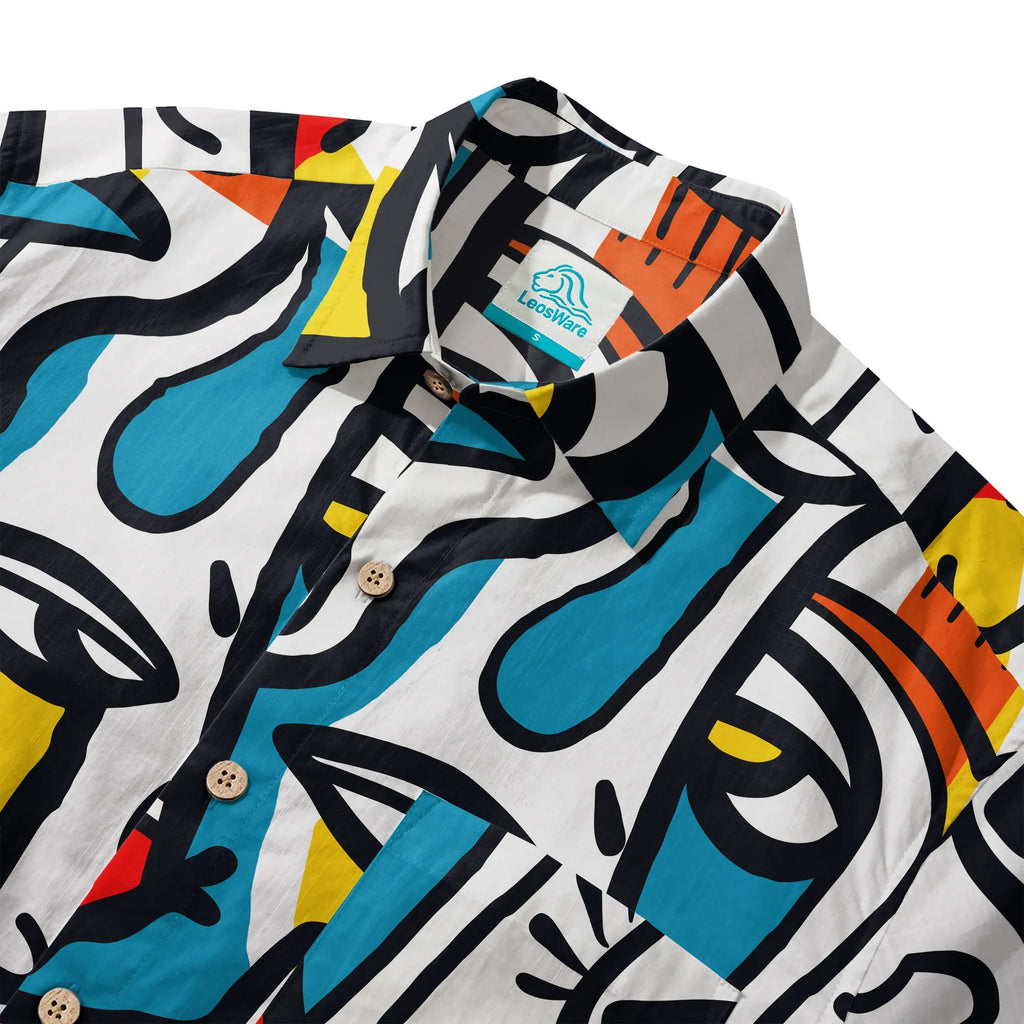 LeosWare® Men's Hawaiian Shirt Short Sleeve Button-up 100% Cotton Aloha Face Paint Palette