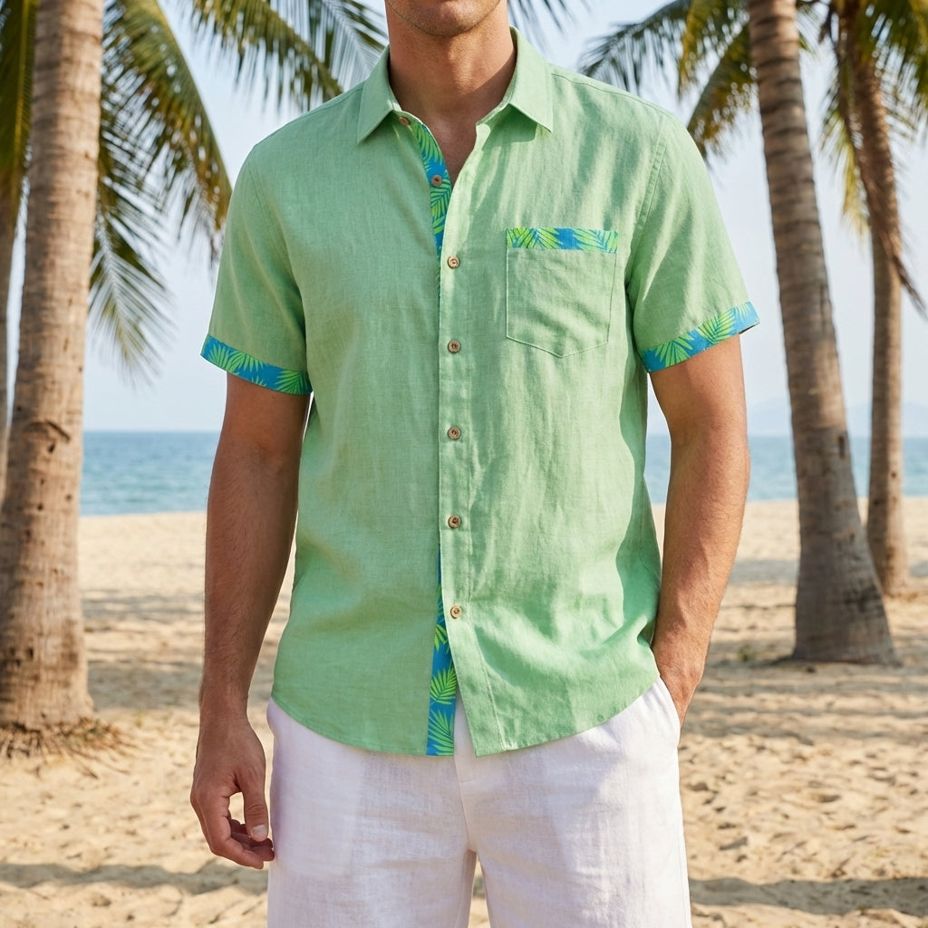 LeosWare® Men's Hawaiian Shirt Short Sleeve Button-up Breathable & Quick-Dry Aloha Floral Accents On Solid Color