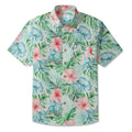 LeosWare® Men's Hawaiian Shirt Short Sleeve Button-up 100% Cotton Green Aloha Powdered Hibiscus Grove