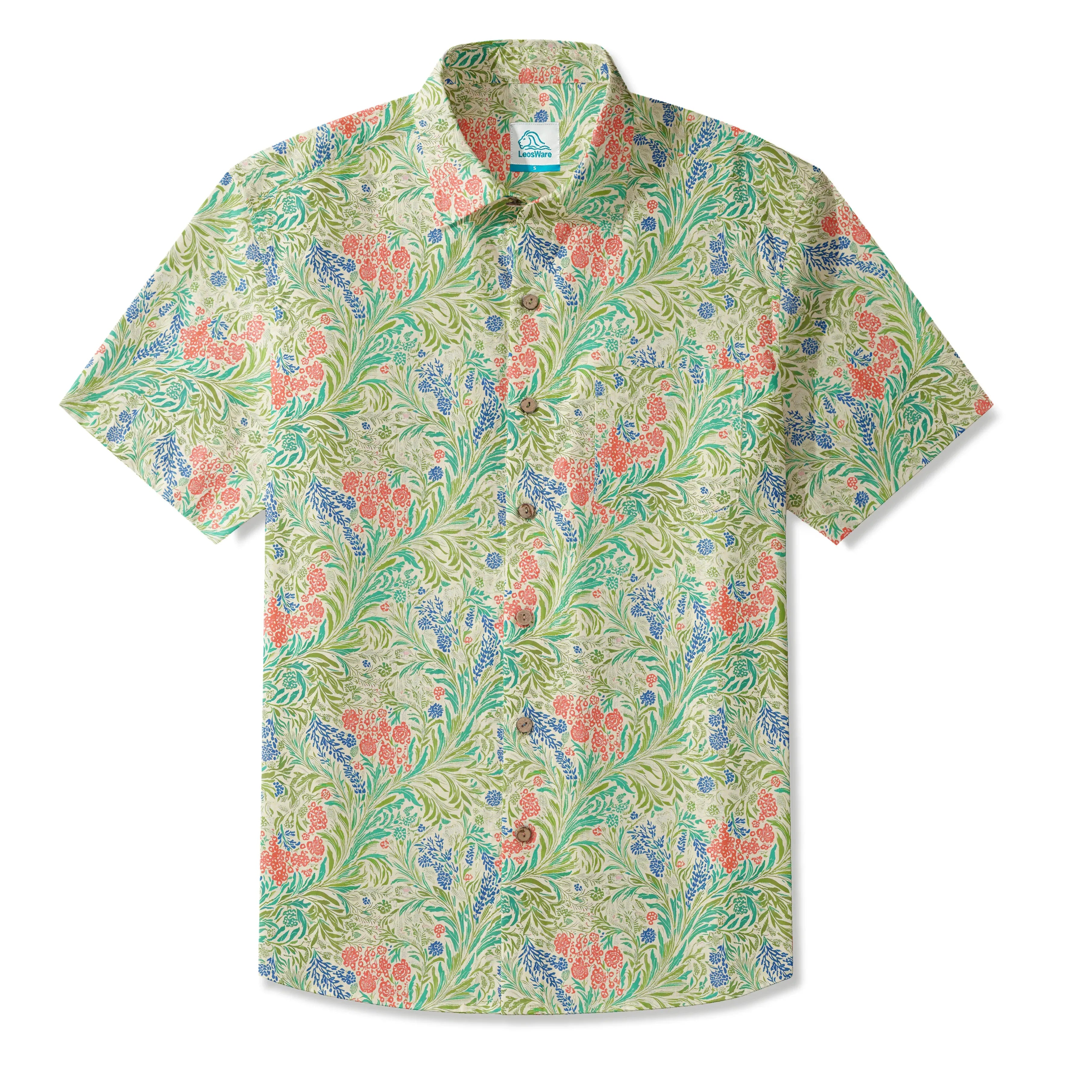 LeosWare® Men's Hawaiian Shirt Short Sleeve Button-up 100% Cotton Green Aloha Alfalfa Flower Earthly Weave